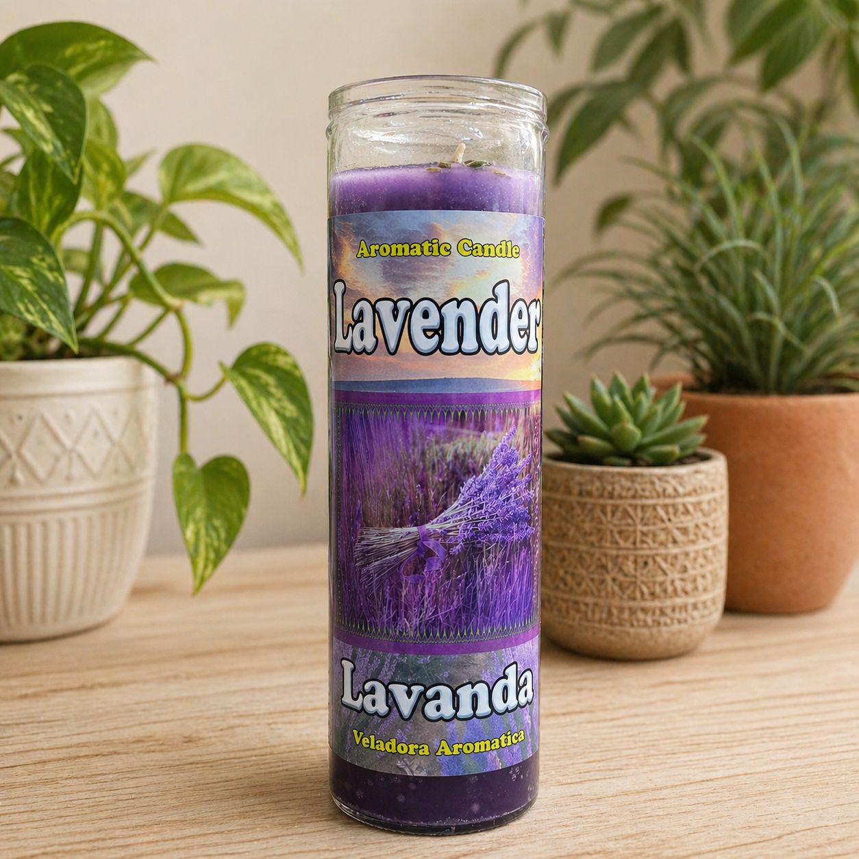 Lavender aromatic candle in glass jar with real lavender for relaxation and spiritual use at Arkadys Metaphysical Gifts.