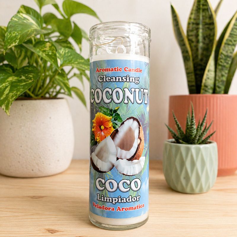 Coconut cleansing ritual candle with coconut flakes at Arkadys Metaphysical Gifts Amarillo, Texas.