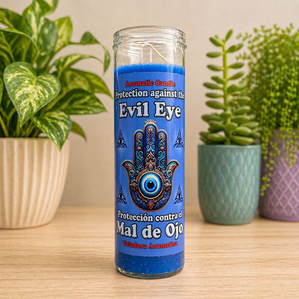 Blue Protection Against Evil Eye candle in glass jar Arkadys Metaphysical Gifts Amarillo