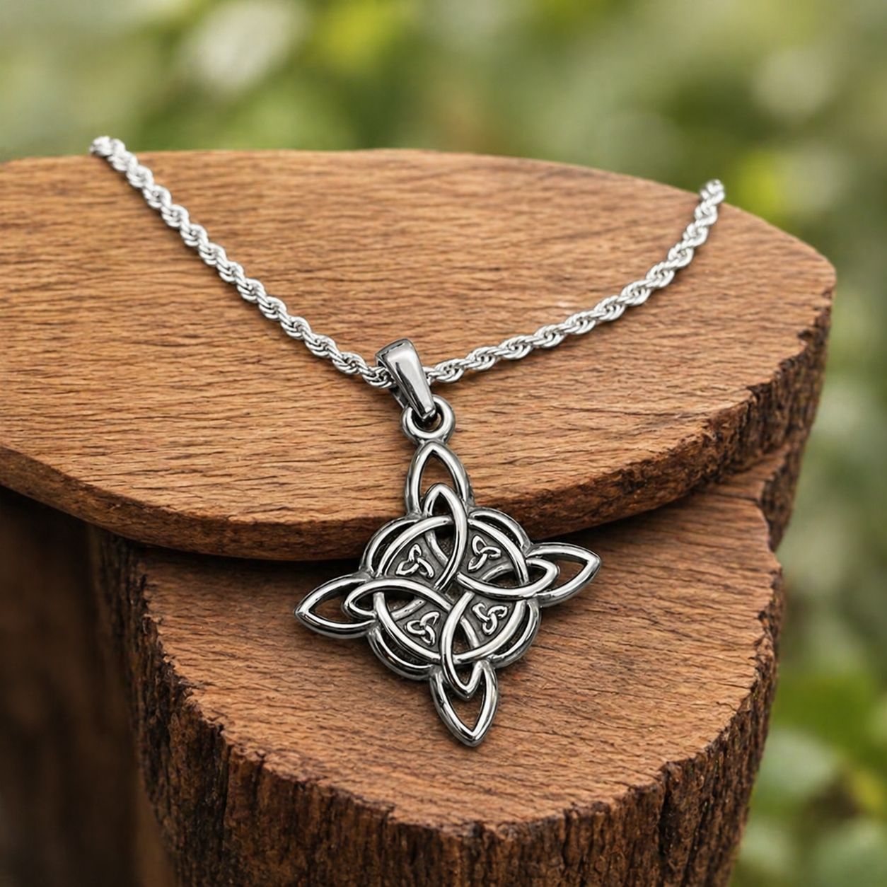 316L Witch’s Knot pendant necklace on wood display from Arkadys Metaphysical Gifts Amarillo, Texas.