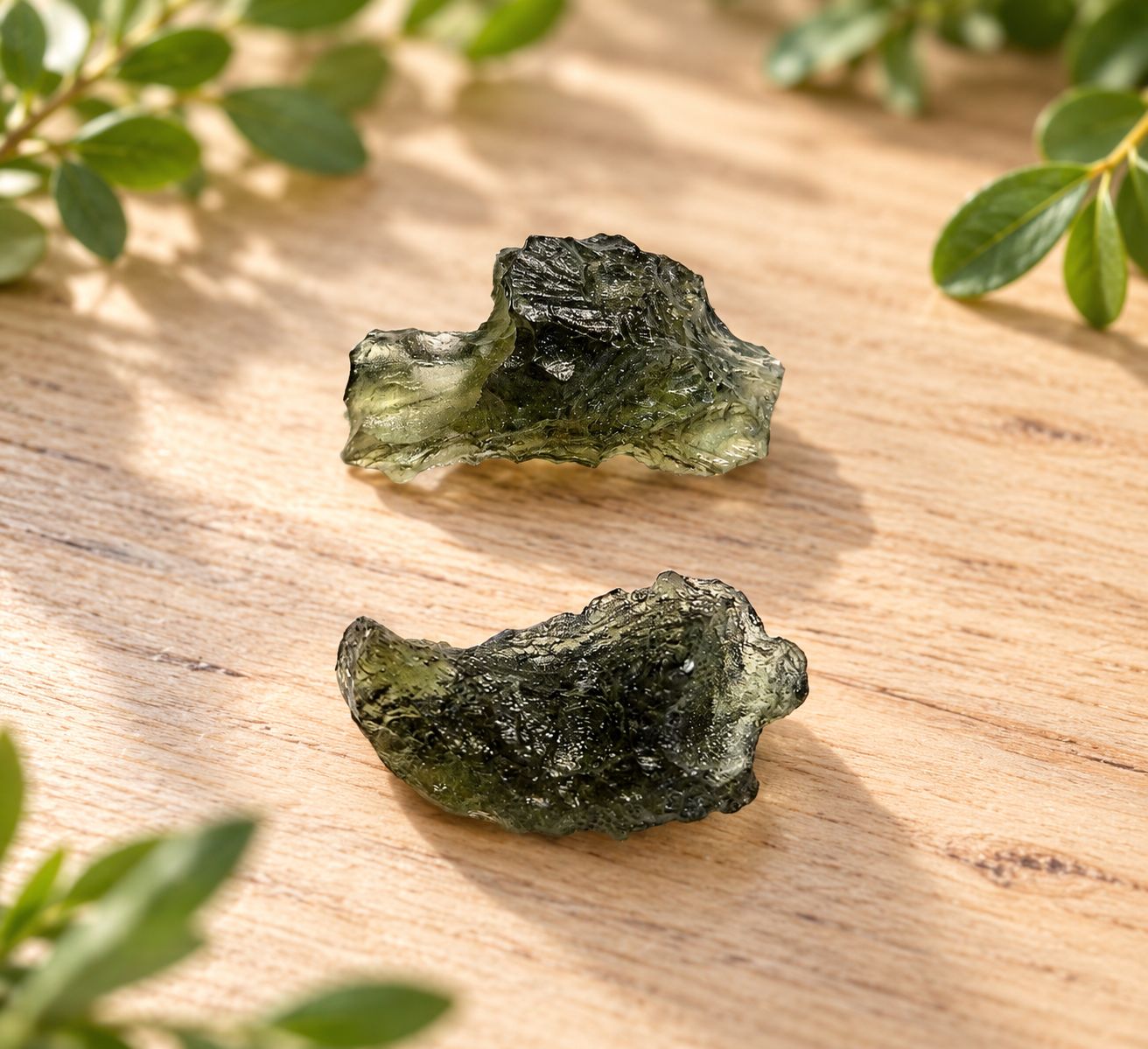Small natural Moldavite specimens on a light wooden table with greenery.