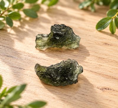 Small natural Moldavite specimens on a light wooden table with greenery.