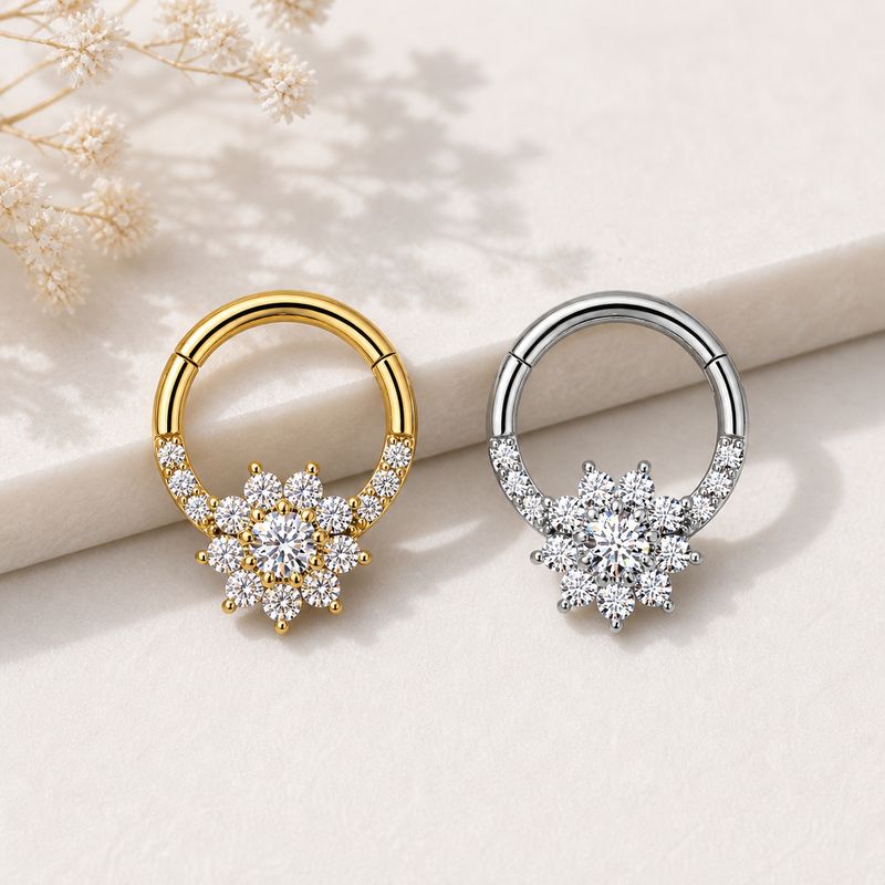 ultra bling flower hinge segment ring 16G 5/16 inch gold and steel septum daith cartilage jewelry