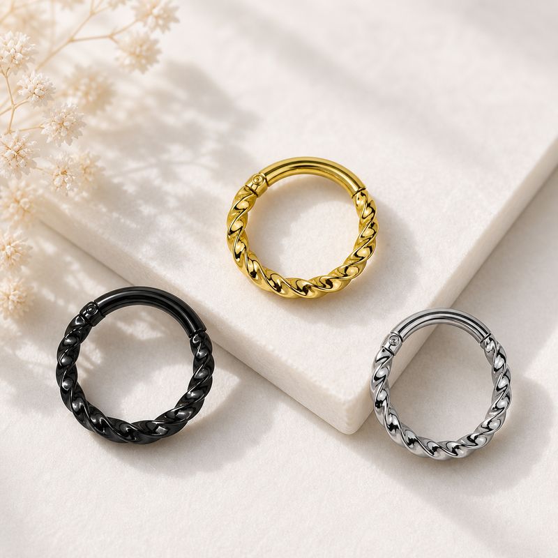 100% steel twist hinge segmented hoops 16G 3/8 inch in black gold and silver for septum and cartilage piercing