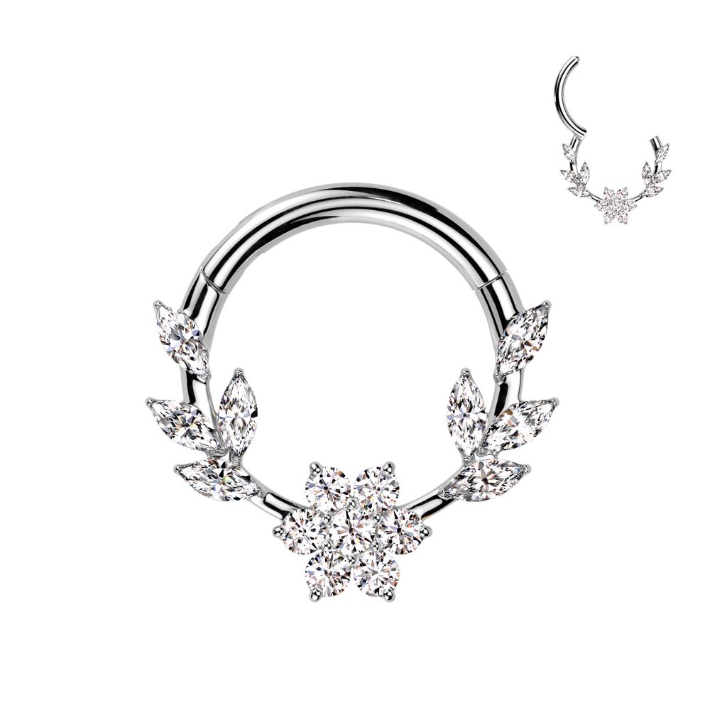 steel CZ flower laurel hinge segment ring 16G 3/8 inch septum daith cartilage jewelry with clear stones