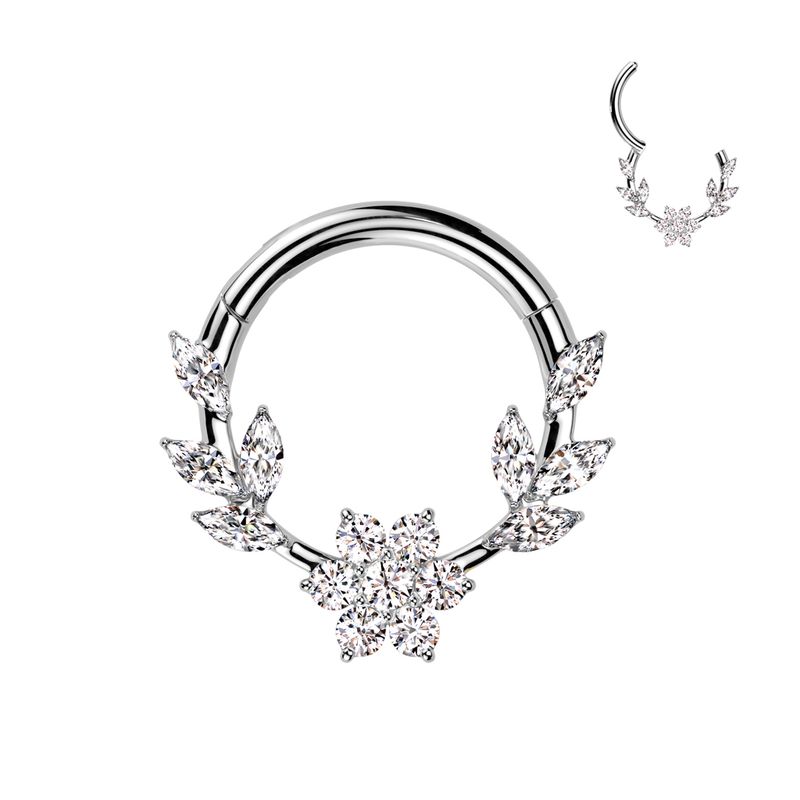 steel CZ flower laurel hinge segment ring 16G 3/8 inch septum daith cartilage jewelry with clear stones