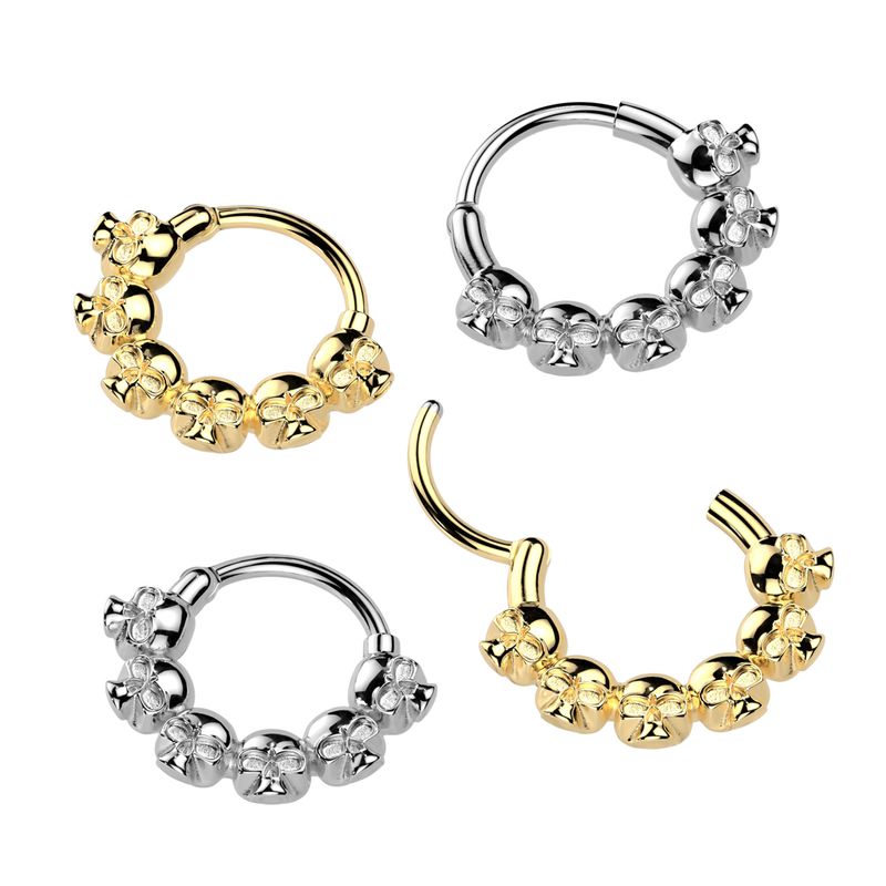 Gold and steel 100% steel skull hinge segment rings displayed in multiple angles.