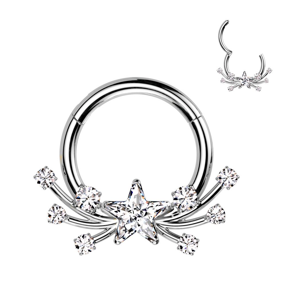 Close-up of implant grade titanium Star Bright hinge segment ring with sparkling CZ star and accent stones.