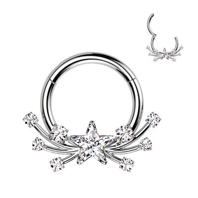 Close-up of implant grade titanium Star Bright hinge segment ring with sparkling CZ star and accent stones.