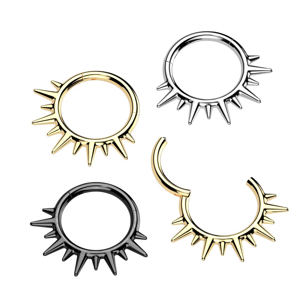 Gold, black, and steel spikey hinge segment rings 16G 5/16 inch displayed in multiple angles.