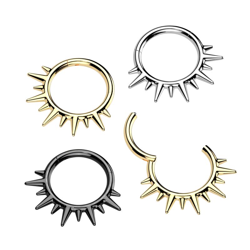 Gold, black, and steel spikey hinge segment rings 16G 5/16 inch displayed in multiple angles.
