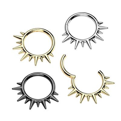 Gold, black, and steel spikey hinge segment rings 16G 5/16 inch displayed in multiple angles.