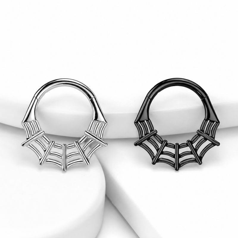 Implant grade titanium spiderweb hinge segment ring 16G 5/16 inch in polished steel and black finish.