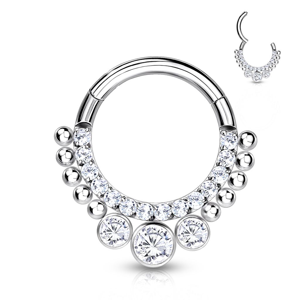 Implant grade titanium clear gems balls hinge segment ring 16G 5/16 inch with sparkling CZ accents.
