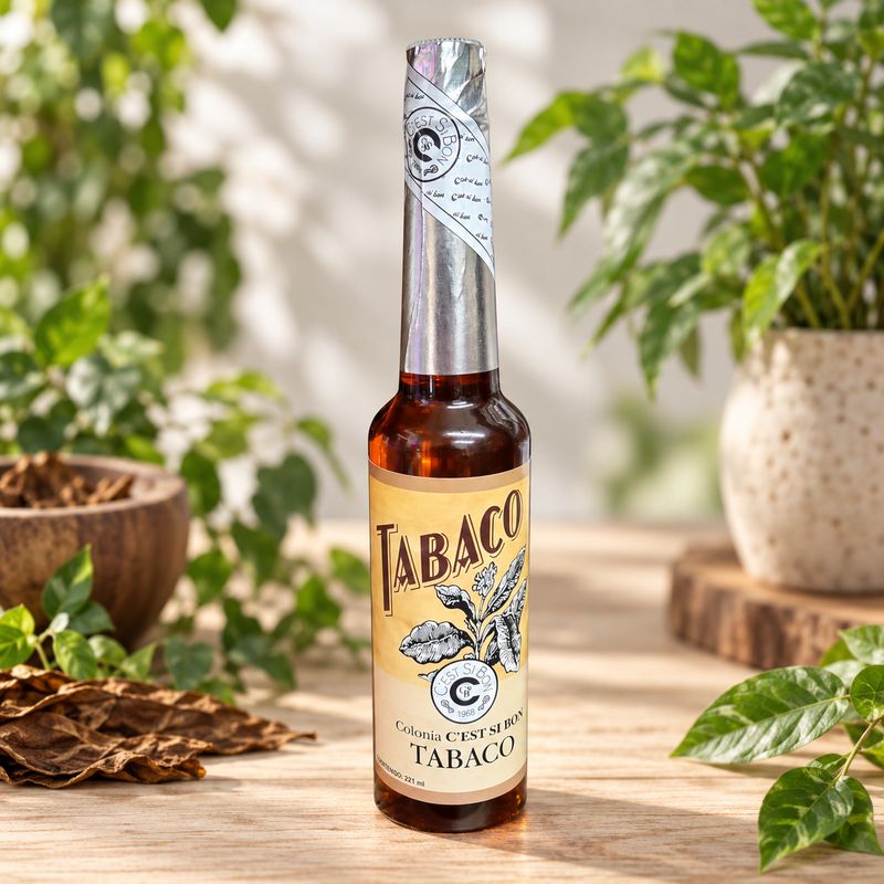 Tobacco Water Cologne bottle on a light wooden table with greenery and dried tobacco leaves.