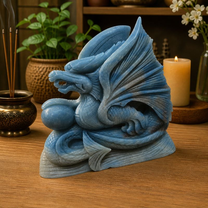 Front side of trolleite dragon carving blue stone sculpture altar decor Arkadys Metaphysical Gifts Amarillo TX