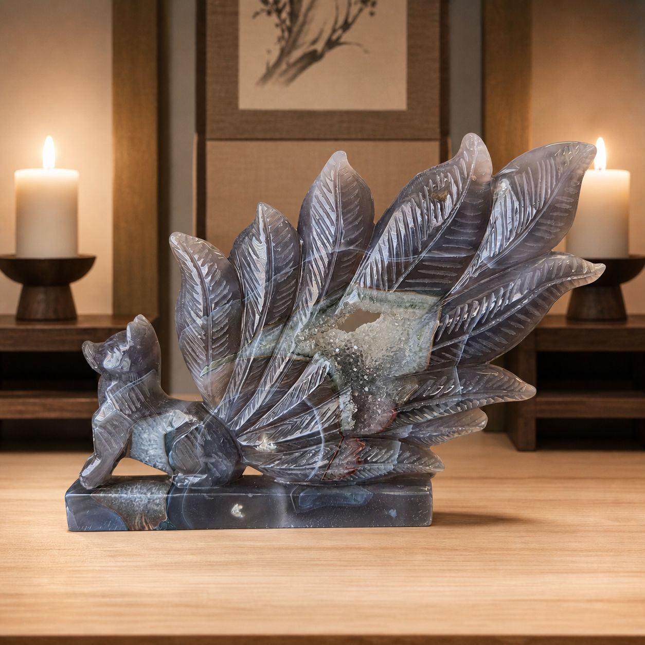 Druzy geode agate nine-tailed fox carving on altar table – one of a kind crystal from Arkadys Amarillo