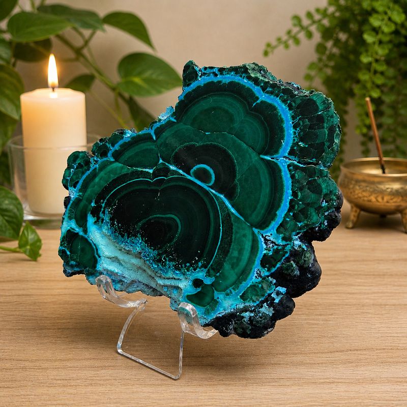 Front side of chrysocolla malachite slab with stand green blue stone specimen Arkadys Metaphysical Gifts Amarillo