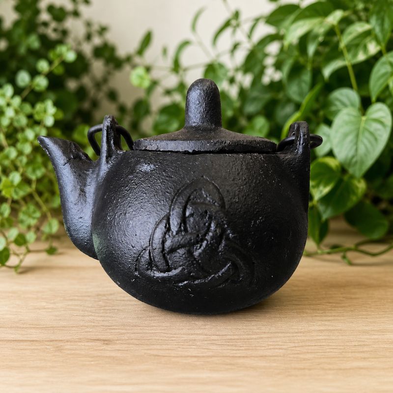 Triquetra cast iron kettle with lid on wooden altar table at Arkadys Metaphysical Gifts Amarillo, Texas.