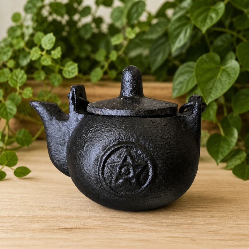 Pentacle cast iron kettle with lid on wooden altar table Arkadys Metaphysical Gifts Amarillo
