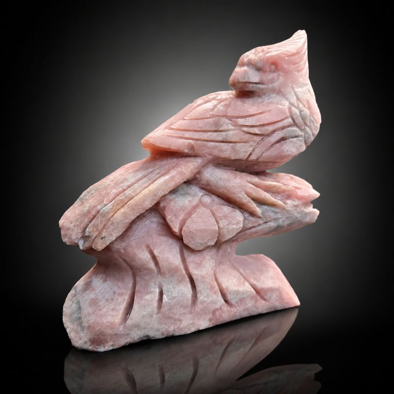Front view of unique pink opal bird carving at Arkadys Metaphysical Gifts