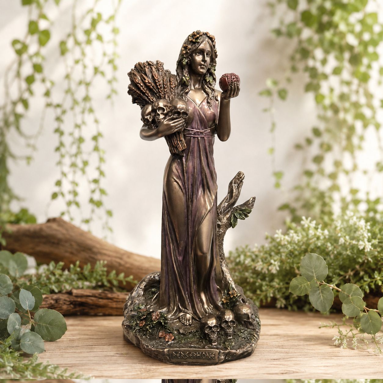 Front of Persephone Queen of the Underworld bronzed statue.