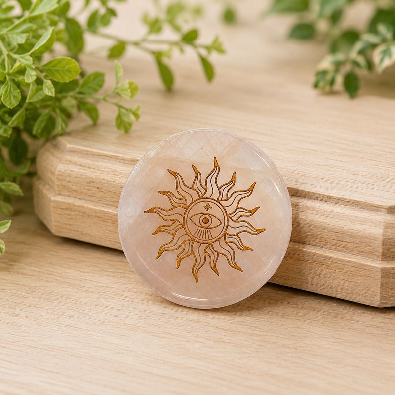 Rose quartz golden sun token measuring 2.25 inches across on wooden ledge with greenery.