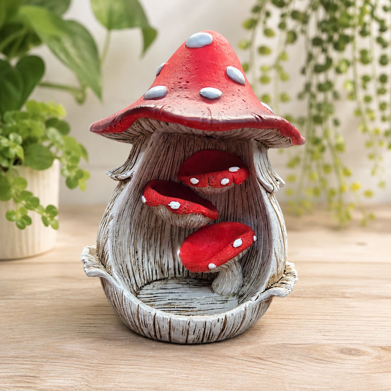 Mighty Mushroom Back Flow Burner on wooden table.