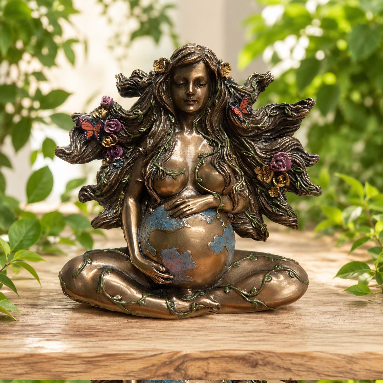 Front of Pregnant Mother Gaia bronzed statue with vines and butterflies