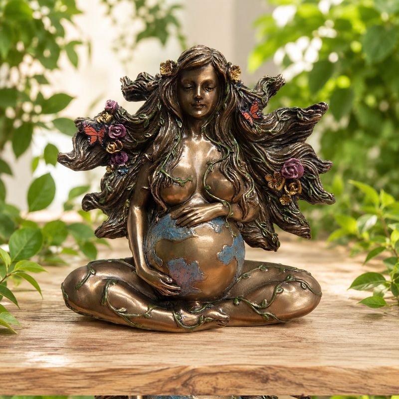 Front of Pregnant Mother Gaia bronzed statue with vines and butterflies