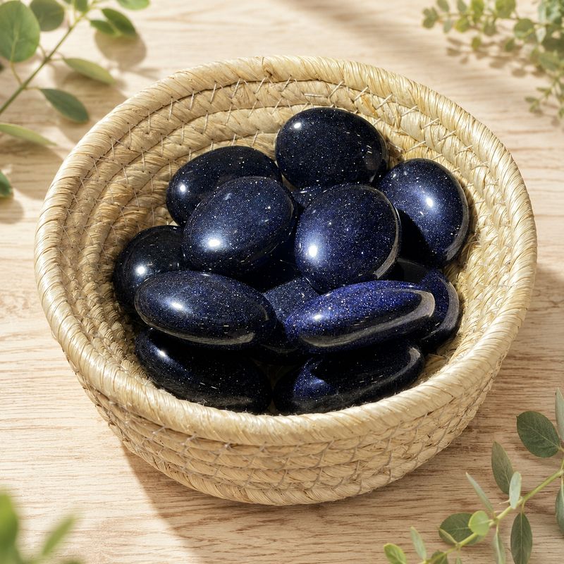 Blue Goldstone plump palm stones displayed in a woven basket on a light wooden table with greenery.