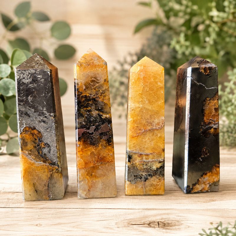 Golden Healer and Pyrite crystal obelisks on a light wooden table with greenery at Arkady's Metaphysical Gifts.