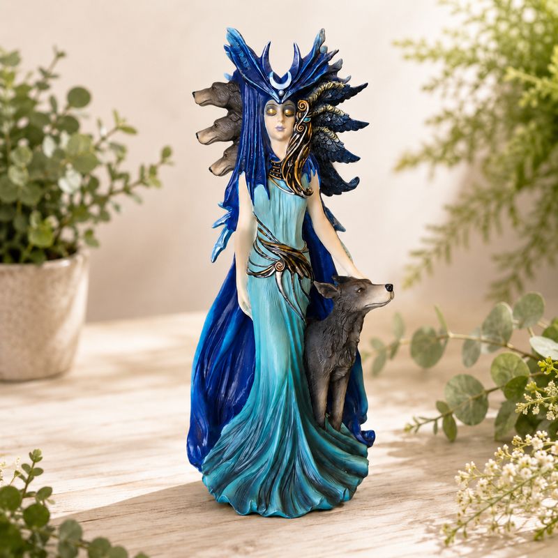 Hand painted Hekate colorful statue with crescent moon crown, blue gown, wolf companion, and three dog heads
