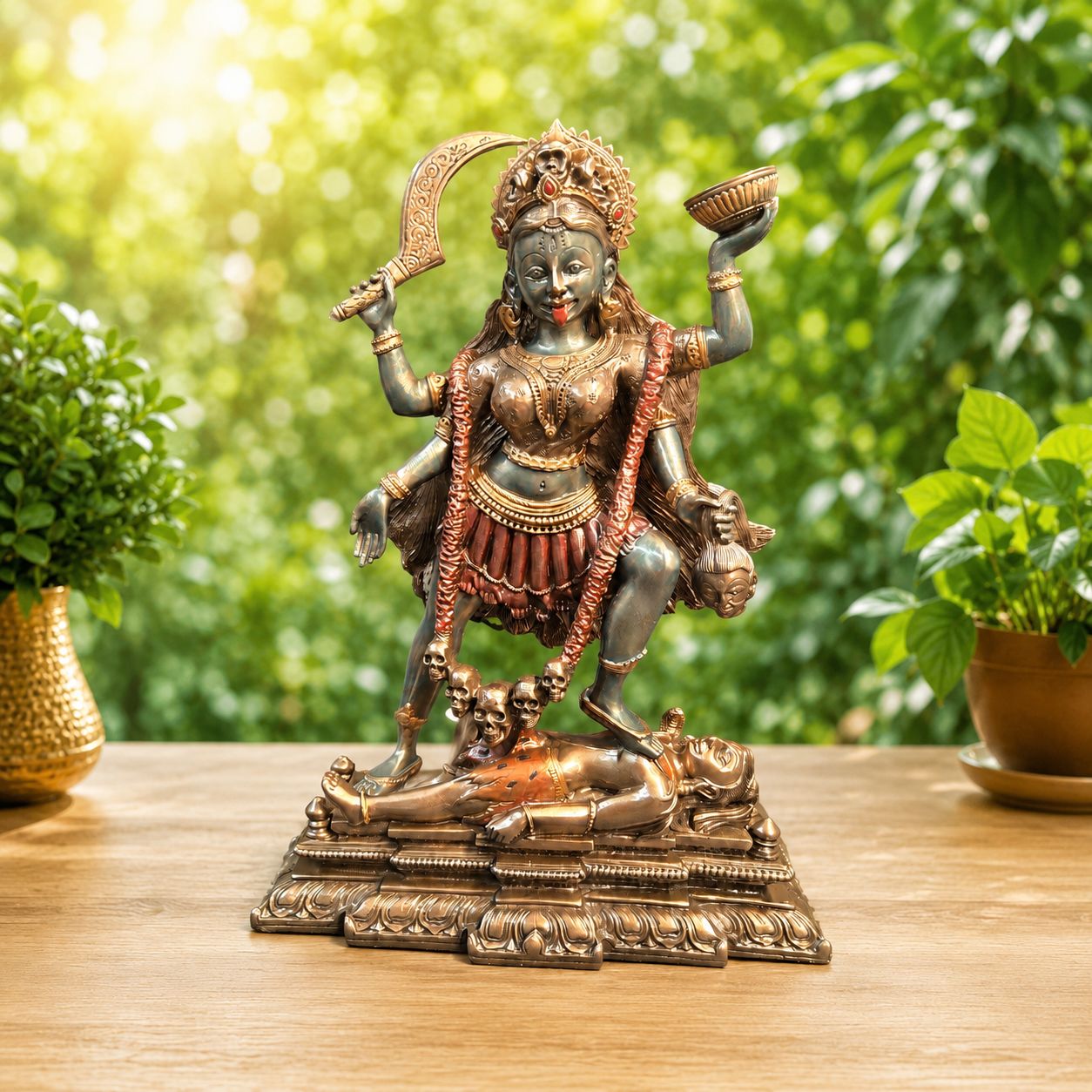 Bronzed Kali upon Shiva statue standing on wooden altar base with greenery background.