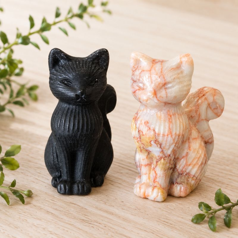 Obsidian and Red Line Jasper cat carvings displayed on a light wooden table with greenery