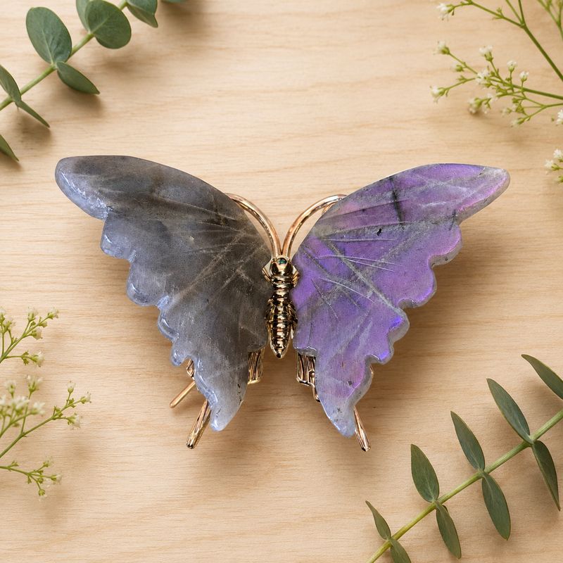 Labradorite butterfly carving on light wooden table with greenery