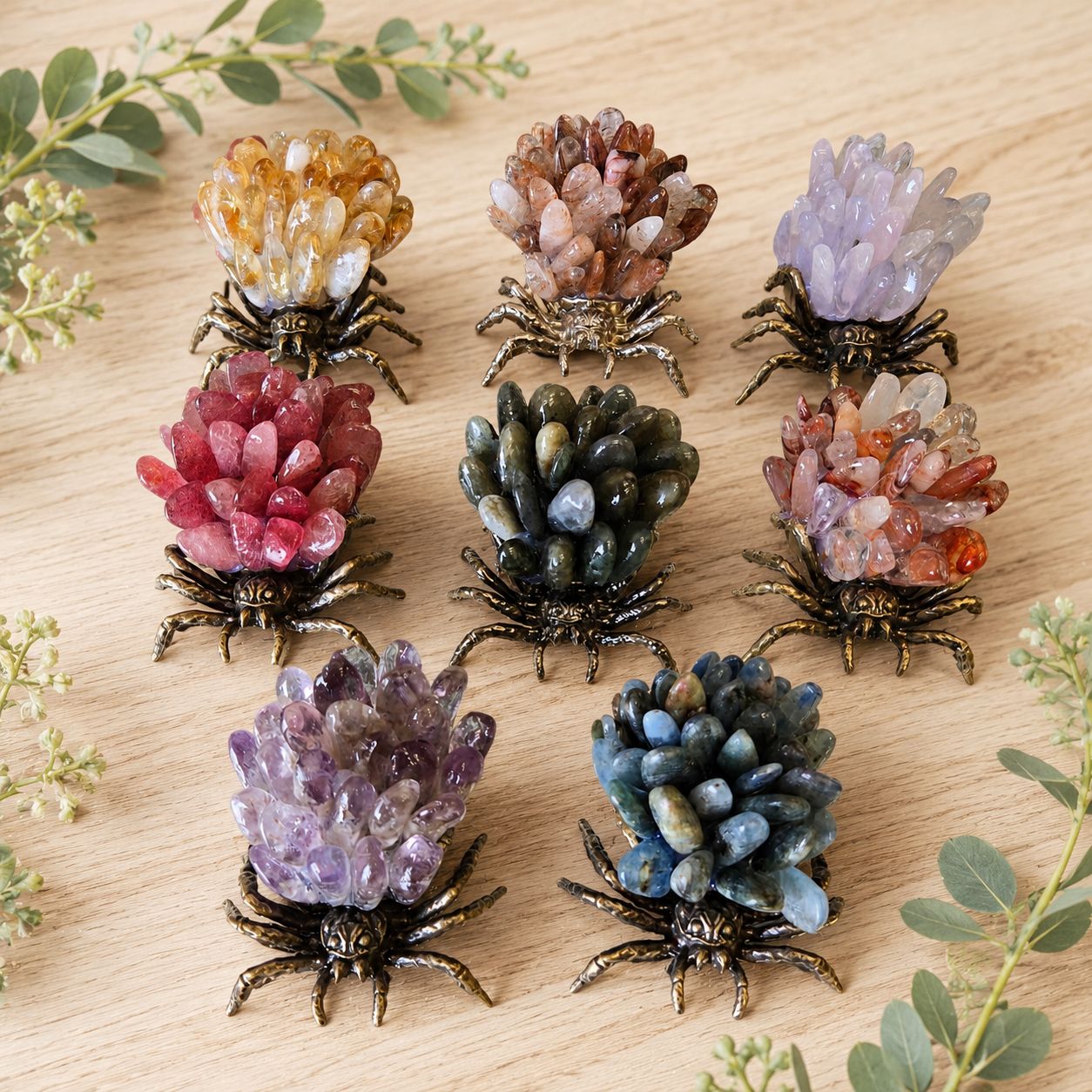 Multiple cluster spider carvings with polished crystal points on a metallic spider base shown on a wooden table with greenery