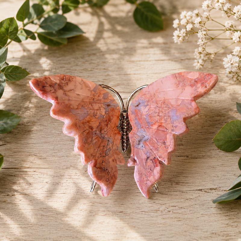 Cotton Candy Agate Butterfly at Arkady’s Metaphysical Gifts displayed on a wooden table with greenery.