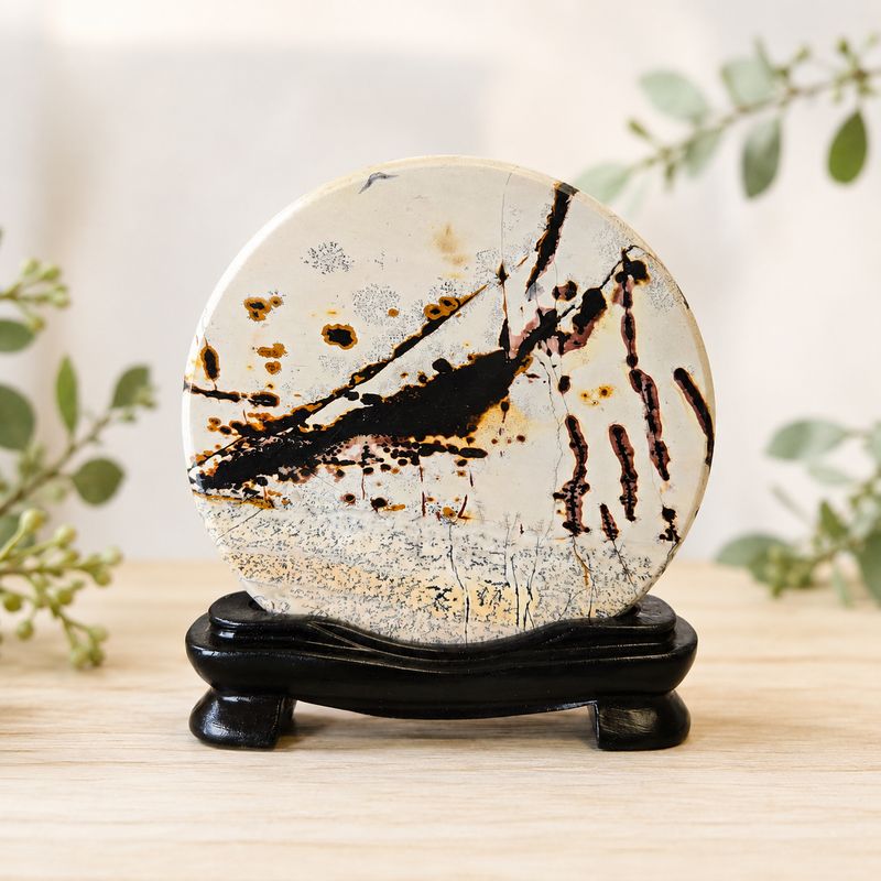 Picture jasper round slab with wooden stand on light wooden table with greenery.
