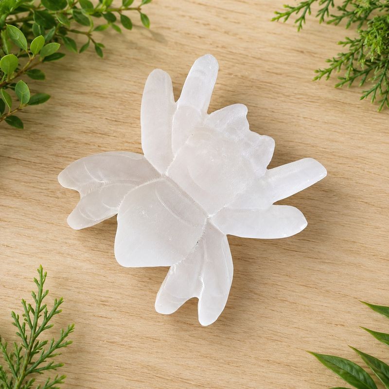 Selenite spider carving on light wooden table with greenery