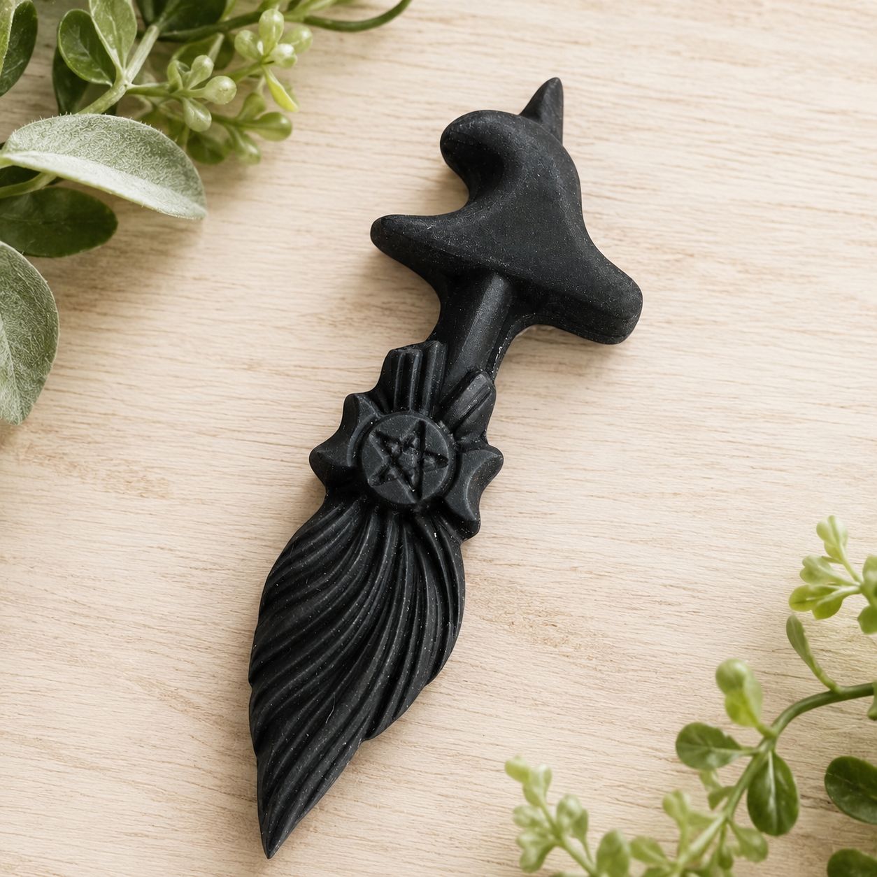 BLACK OBSIDIAN BROOM CARVING