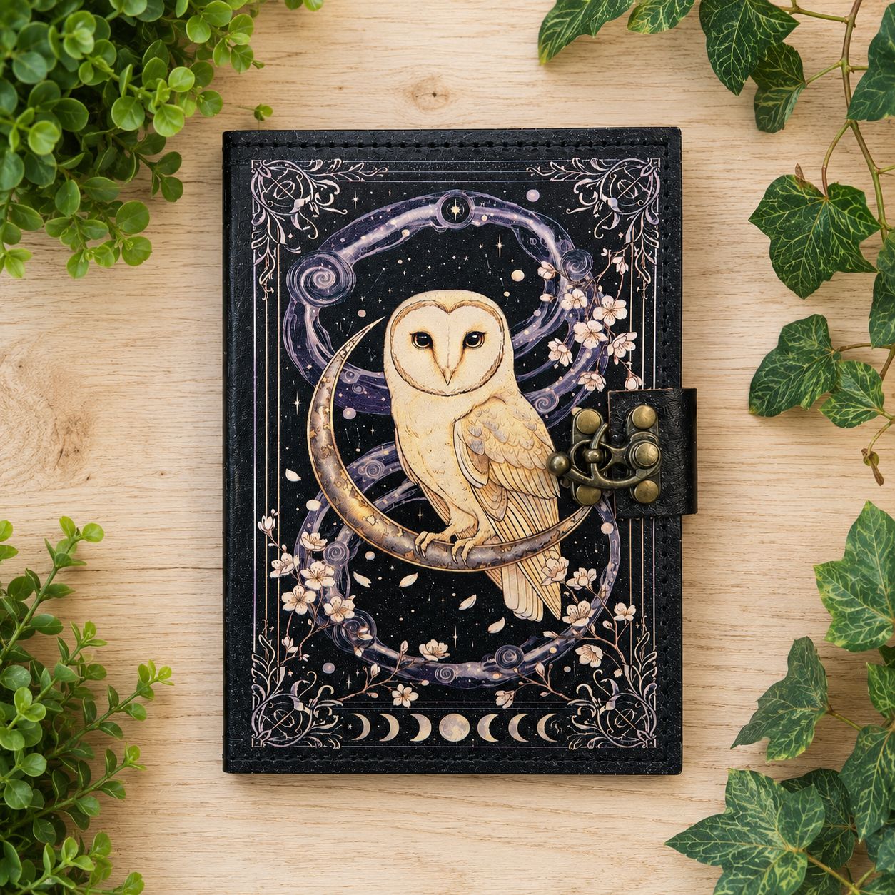 White Midnight Owl Leather Journal with blank pages and crescent moon owl cover design on light wood table with greenery.