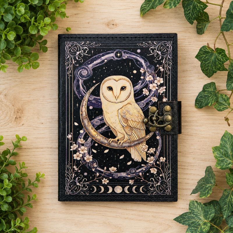 White Midnight Owl Leather Journal with blank pages and crescent moon owl cover design on light wood table with greenery.