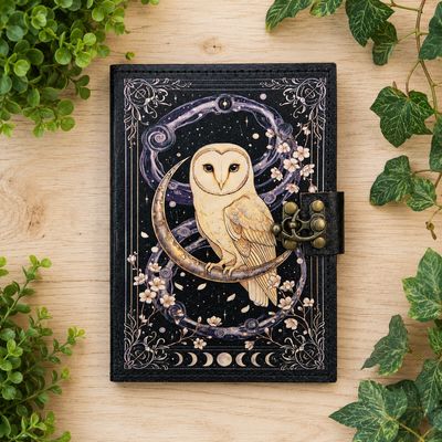White Midnight Owl Leather Journal with blank pages and crescent moon owl cover design on light wood table with greenery.
