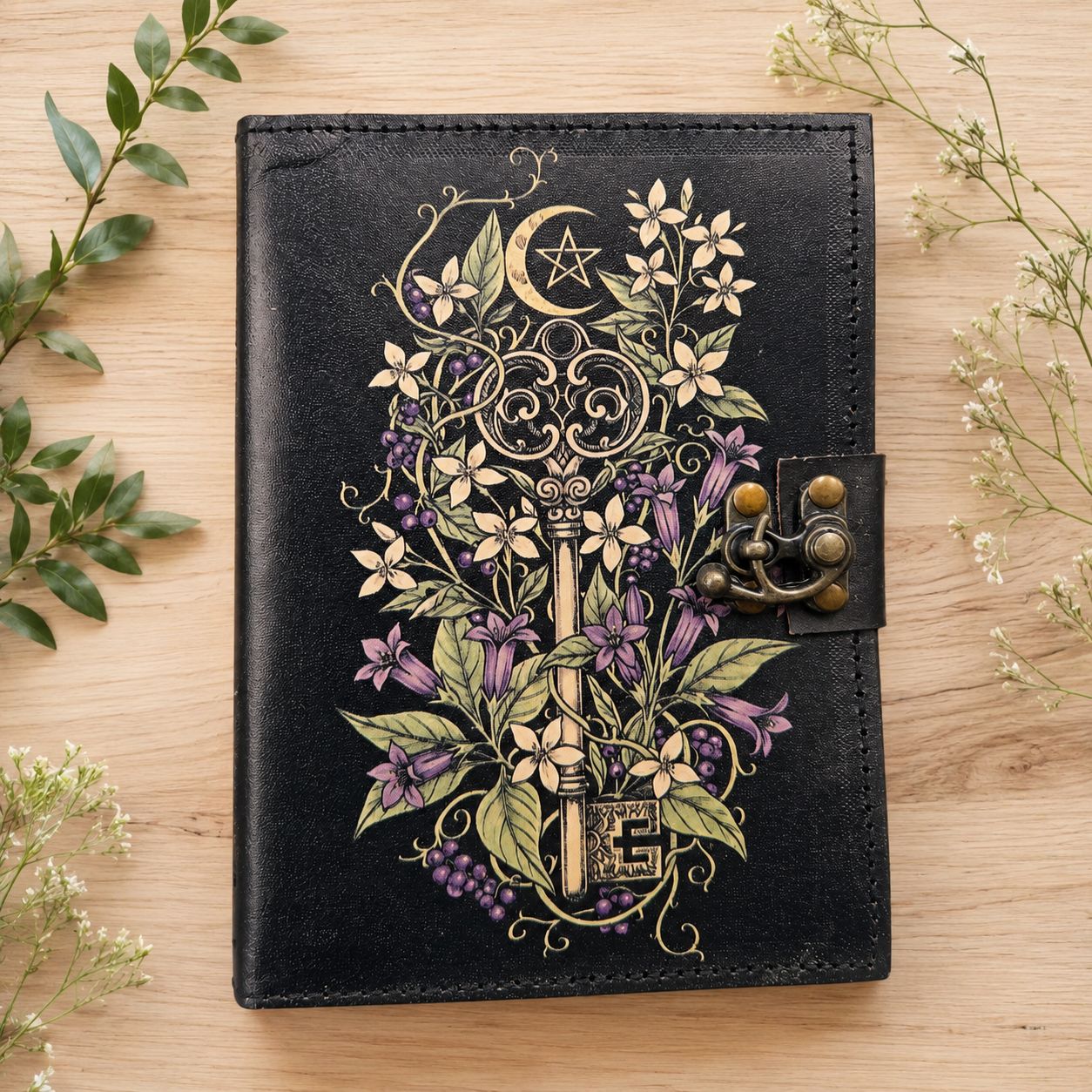 Botanical Key Leather Journal with blank pages and floral key design on black cover.