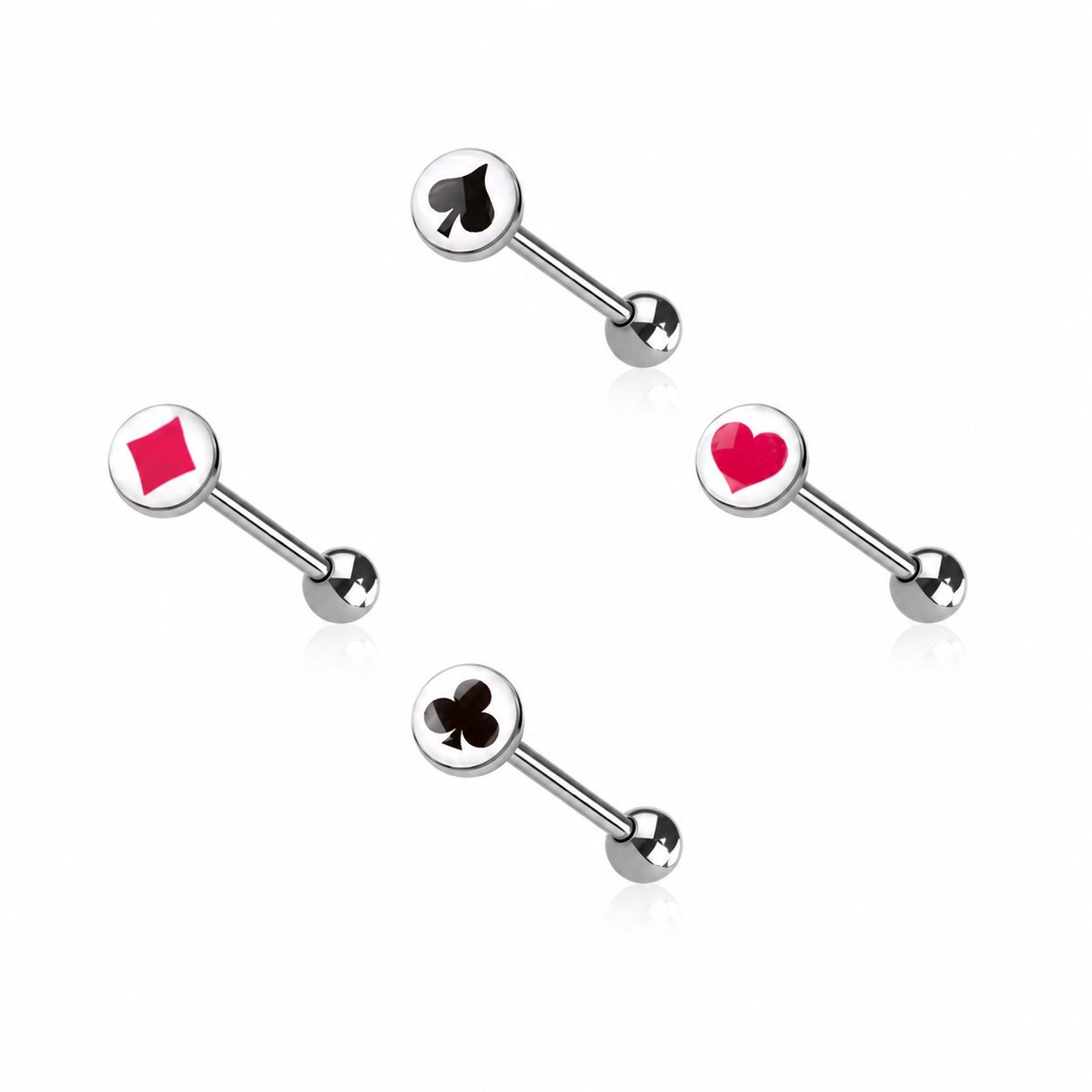 4PK poker card tongue bars in 14G with spade, diamond, heart, and club designs on a clean white background.