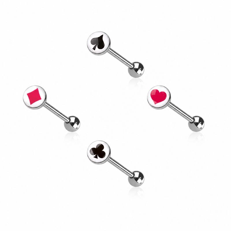 4PK poker card tongue bars in 14G with spade, diamond, heart, and club designs on a clean white background.