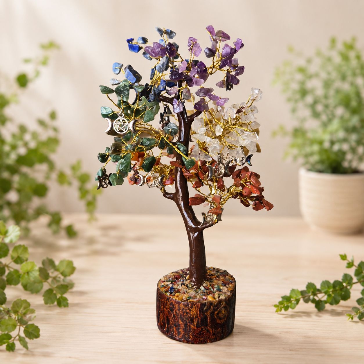 Triple Moon pentacle charms gemstone tree with genuine crystal chips on a wooden base.