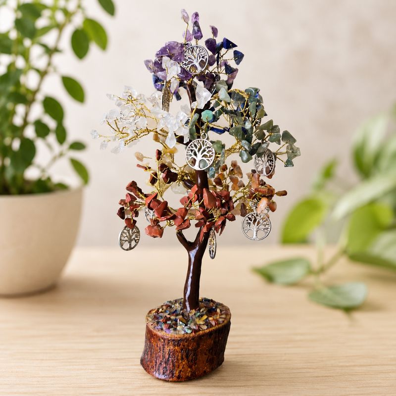 Tree of Life charms gemstone tree with genuine crystal chips on a natural wooden base.