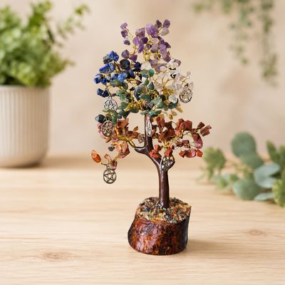 Pentacle charms gemstone tree with genuine crystal chips on a natural wooden base.